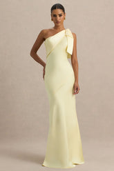 Valerie | Lemon Satin Asymmetric-Neck Maxi Dress With Bow Detail